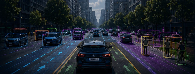 带有目标标记的城市道路静态场景示意